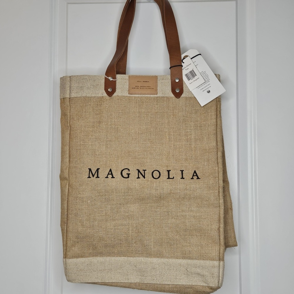 NWT Magnolia Market Burlap Apolis Tote Bag Joanna Gaines Leather Handles